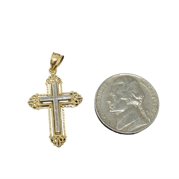 14K Two-Tone Solid Gold Vintage Cross Pendant 1.6g 1.25"H - Picture 11 of 11